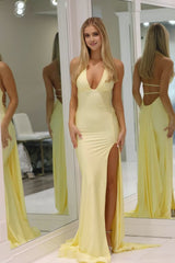 Mermaid Deep V Neck Yellow Satin Long Prom Dresses with Slit