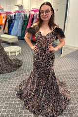 Mermaid Off the Shoulder Purple Sequins Cut Out Prom Dress with Feathers