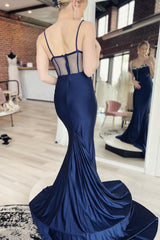 Mermaid Spaghetti Straps Navy Long Prom Dress with Sweep Train