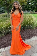 Mermaid Spaghetti Straps Orange Long Prom Dress with Criss Cross Back