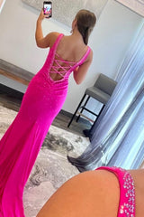 Mermaid V Neck Hot Pink Long Prom Dress with Beading