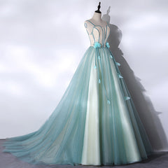 Mint Green Long Tulle with Lace Sweet 16 Dress Outfits For Girls, Long Party Dresses