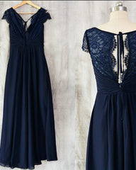 Navy Blue Chiffon with Lace A-line Long Bridesmaid Dress Outfits For Girls, Wedding Party Dress