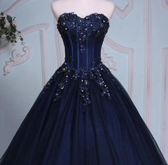 Navy Blue Lace Applique Tulle Long Party Dress Outfits For Girls, Blue Formal Gown