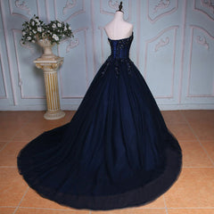 Navy Blue Lace Applique Tulle Long Party Dress Outfits For Girls, Blue Formal Gown