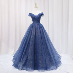 Navy Blue Off Shoulder Shiny Tulle Floor Length Prom Dress Outfits For Girls, Blue Prom Dress