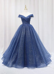 Navy Blue Off Shoulder Shiny Tulle Floor Length Prom Dress Outfits For Girls, Blue Prom Dress