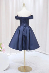 Navy Blue Satin Off Shoulder Knee Length Party Dress Outfits For Girls, Navy Blue Homecoming Dress