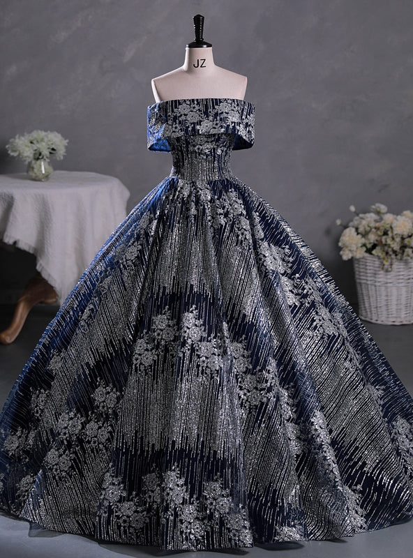 Navy Blue Silver Sequins Off the Shoulder Quinceanera Dress