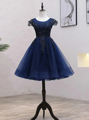 Navy Blue Tulle Beaded Knee Length Cap Sleeves Prom Dress Outfits For Girls, Blue Homecoming Dress