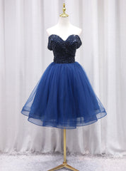 Navy Blue Tulle Off the Shoulder Beading Homecoming Dress