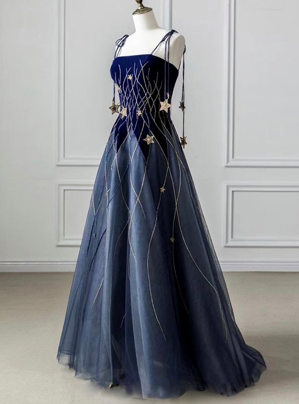 Navy Blue Tulle Spaghetti Straps Prom Dress