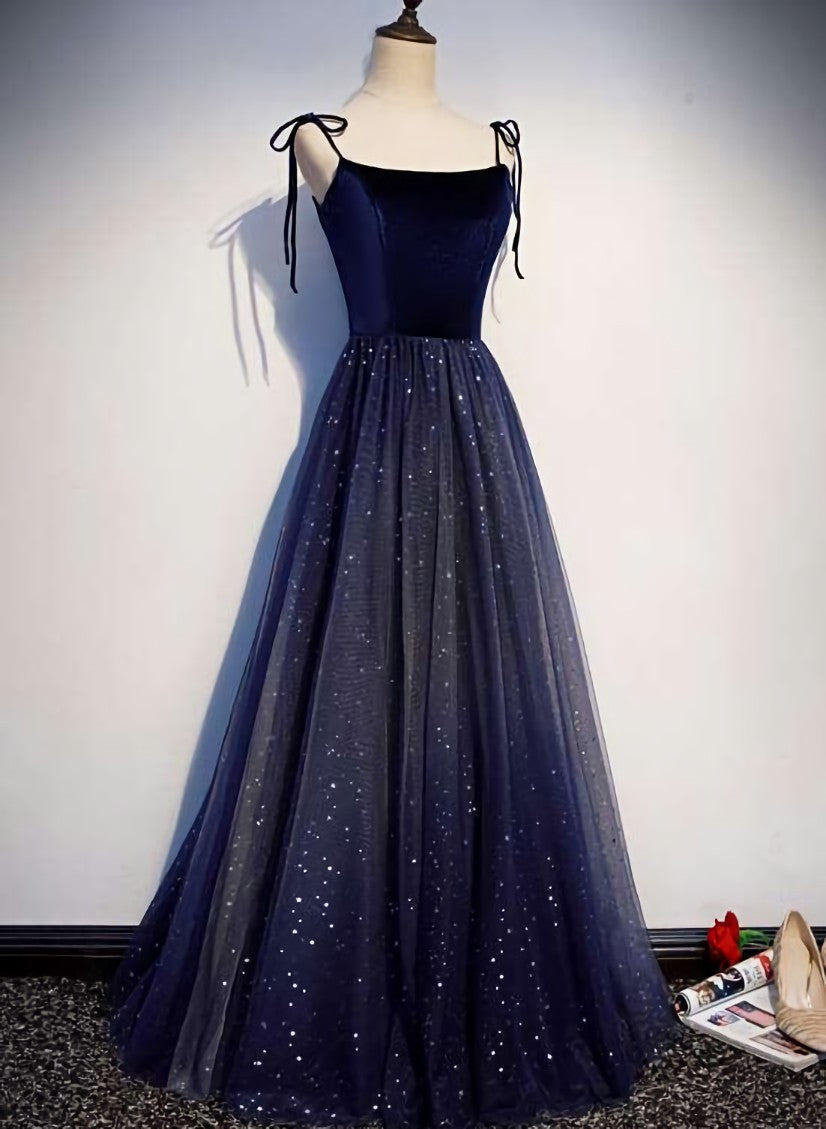 Navy Blue Tulle Straps Long Velvet Party Dress Outfits For Girls, Blue Prom Dress