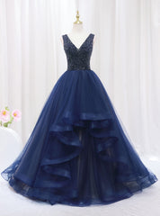 Navy Blue Tulle V-neck Beading Prom Dresses