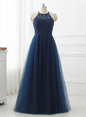 Navy Blue Tulle with Lace Applique Long Party Dress Outfits For Girls, Blue Prom Dress