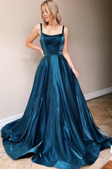 Navy Satin Spaghetti Straps A-Line Prom Dress