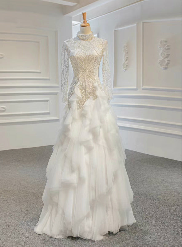 Never Miss Out On White Sheath Tulle High Neck Long Sleeve Beading Wedding Dress