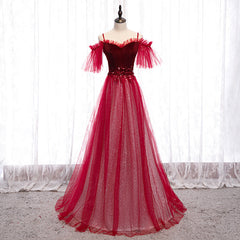 Off Shoulder Wine Red Velvet and Tulle Party Dress Outfits For Girls, A-line Tulle Floor Length Prom Dress