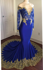 Off-the-Shoulder Royal Blue Prom Dresses Gold Lace Appliques Chic Evening Dress with Sleeve