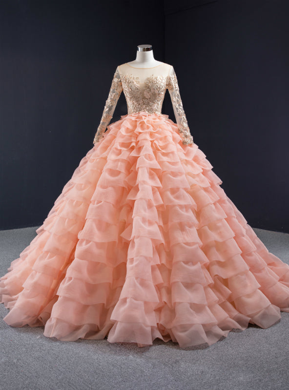 Orange Ball Gown Tulle Tiers Long Sleeve Appliques Prom Dress