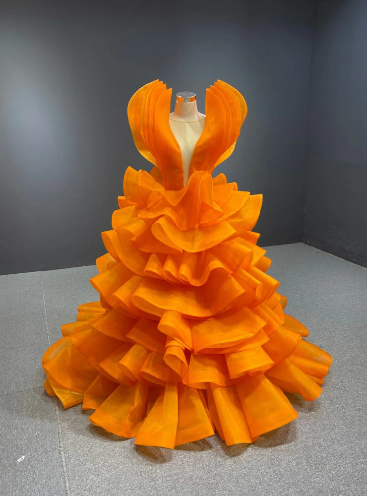 Orange Ball Gown Tulle Tiers See Through V-neck Prom Dress