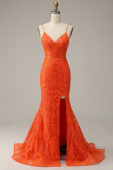 Orange Spaghetti Straps Mermaid Prom Dress