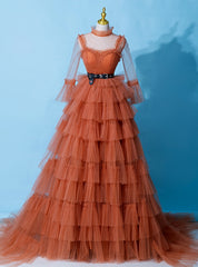 Orange Tulle Long Sleeve Tiers Prom Dress