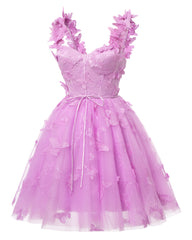 Pink 3D Butterfly Lace Applique Tulle Homecoming Dress for Teens Sweetheart Mini Short Prom Dresses