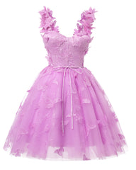 Lilac 3D Butterfly Lace Applique Tulle Homecoming Dress for Teens Sweetheart Mini Short Prom Dresses