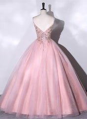 Pink Ball Gown Beaded V-neckline Prom Dress Outfits For Girls, Pink Sweet 16 Dresses