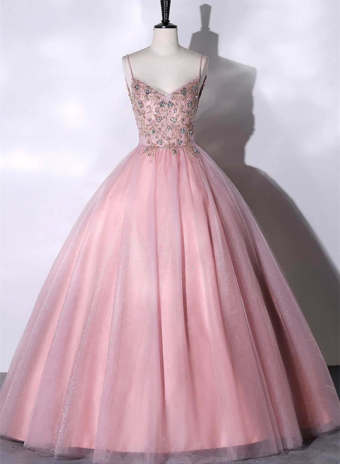 Pink Ball Gown Beaded V-neckline Prom Dress Outfits For Girls, Pink Sweet 16 Dresses