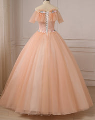 Pink Ball Gown Off Shoulder Tulle Sweet 16 Dress Outfits For Women with Flowers, Pink Formal Dress