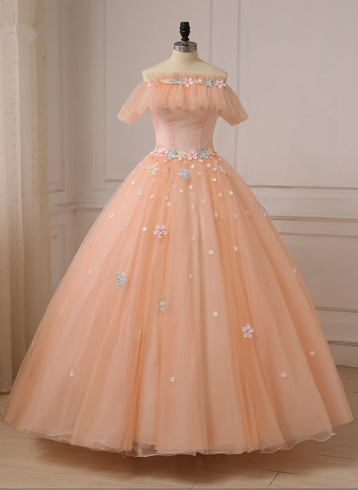 Pink Ball Gown Off Shoulder Tulle Sweet 16 Dress Outfits For Women with Flowers, Pink Formal Dress