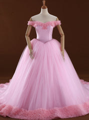 Pink Ball Gown Off The Shoulder Backless Tulle Wedding Dress