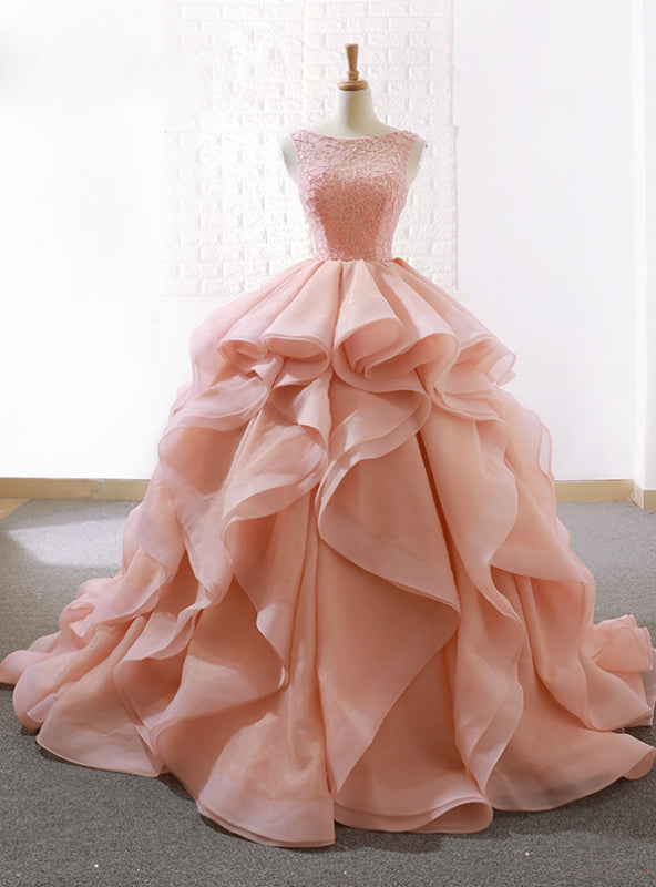 Pink Ball Gown Organza Bateau Bakless Wedding Dress With Beading