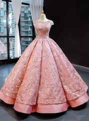 Pink Ball Gown Satin Embroidery Appliques Sequins Cap Sleeve Backless Prom Dress