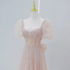 Pink Beaded Tulle Short Sleeves Long Party Dress Outfits For Girls, Pink Sweet 16 Dresses