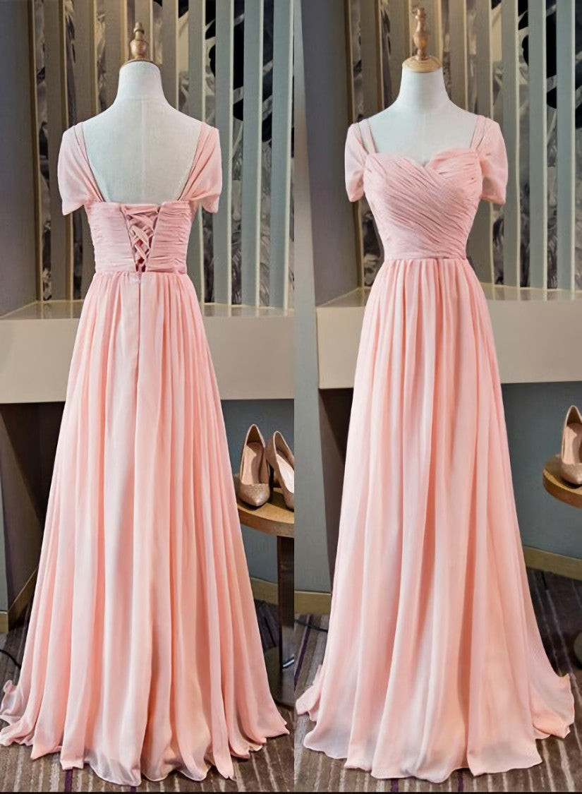 Pink Chiffon Cap Sleeves Long Bridesmaid Dress Outfits For Girls, Floor Length Pink Party Dress