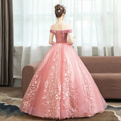 Pink Lace Flower Off Shoulder Sweet 16 Dress Outfits For Girls, Pink Long Prom Dresses For Black girls Quinceaner Dress