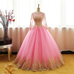 Pink Long Sleeves Tulle Round Neckline Sweet 16 Dresses For Black girls For Women, Pink Formal Gown