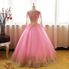 Pink Long Sleeves Tulle Round Neckline Sweet 16 Dresses For Black girls For Women, Pink Formal Gown