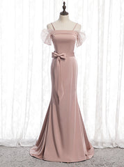 Pink Mermaid Satin Spagehtti Straps Prom Dress With Sash