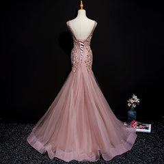 Pink Mermaid Tulle Long Evening Dress Outfits For Women with Lace, V-neckline Floor Length Prom Dress