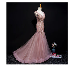 Pink Mermaid Tulle Long Evening Dress Outfits For Women with Lace, V-neckline Floor Length Prom Dress