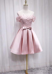 Pink Satin Off Shoulder Lace Top Homecoming Dress Outfits For Girls, Pink Gradaution Dresses