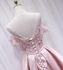 Pink Satin Off Shoulder Lace Top Homecoming Dress Outfits For Girls, Pink Gradaution Dresses