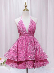 Pink Sequins Deep V-neck Backless Homecoming Dress