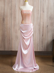 Pink Sheath Strapless Pleats Prom Dress