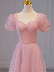 Pink Sweetheart Short Sleeves Long A-line Prom Dress Outfits For Girls, Pink Evening Gowns