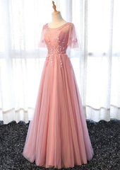 Pink Tulle A-line Long Party Dress Outfits For Girls, Pink Bridesmaid Dress